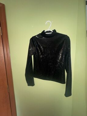 Express Black Sequin Mock Neck Long Sleeve Top